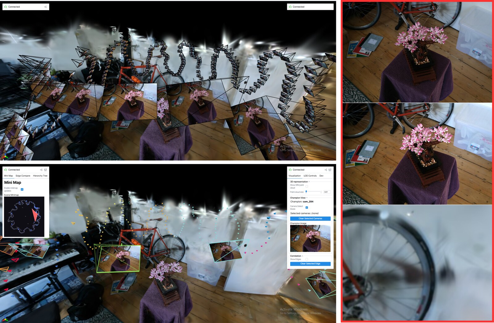 Comparison between a conventional frustum viewer (a, cluttered) and CamGraph (b). The case study (c-e) traces a degraded, blurred 3D Gaussian Splatting reconstruction back to the input camera views responsible for it.
